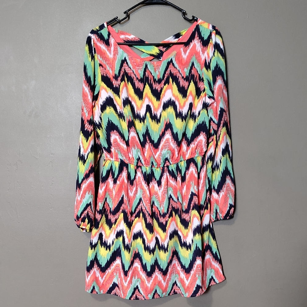 Takara Bright Color Patterned Dress W Orange Liner & Criss Cross Back L